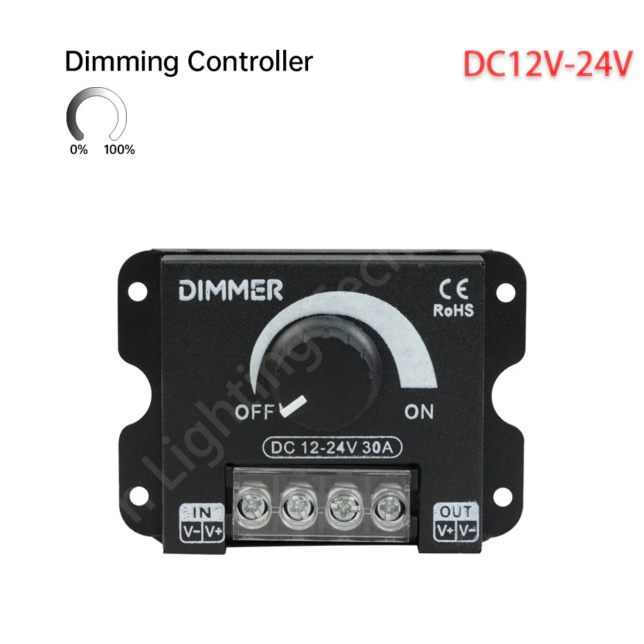 Black LED Dimmer DC12V- 24V 30A 360W with Rotating Knob - PWM Brightness Adjustment Controller for 5050 Single Color LED Strips