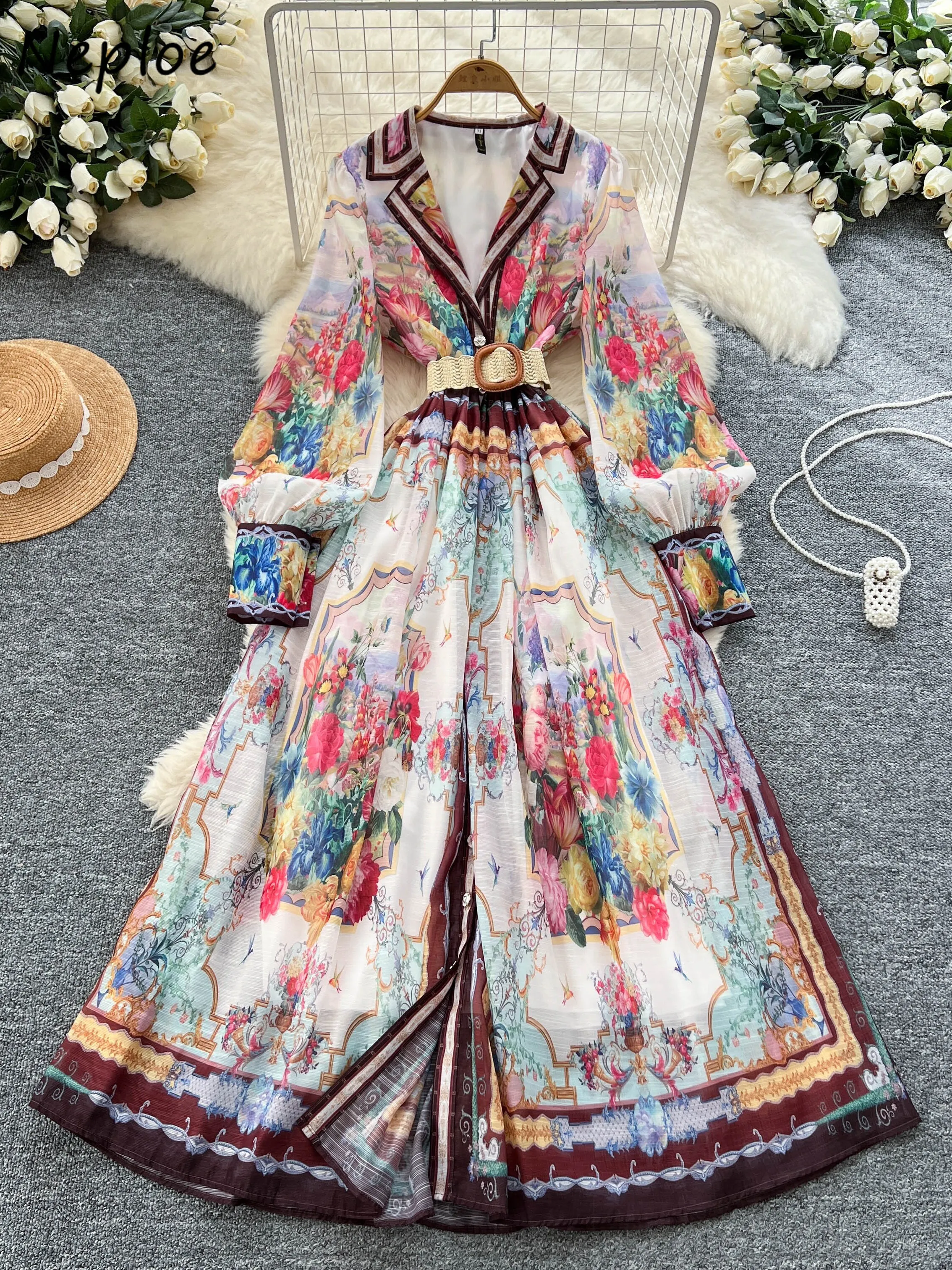 

Neploe Minority Western Moda Notched Collar Dress Lantern Sleeve Loose Print Elegant Robe Ball Gown Luxury High Street Mujer