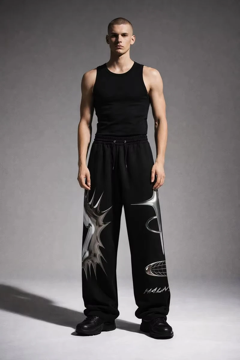 Men Y2K Baggy Sweatpants Gothic Tribal Thorn Tattoo Print Drawstring Wide Leg Pants Dark Hip Hop Streetwear Casual Trousers