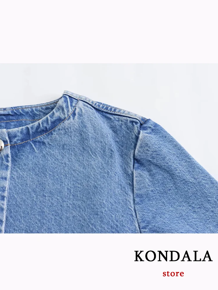 KONDALA Casual Chic Blue Denim Women Jackets Solid O-Neck Long Sleeve Buttoons Autumn Coat Fashion 2023 Autumn Streetwear Jacket