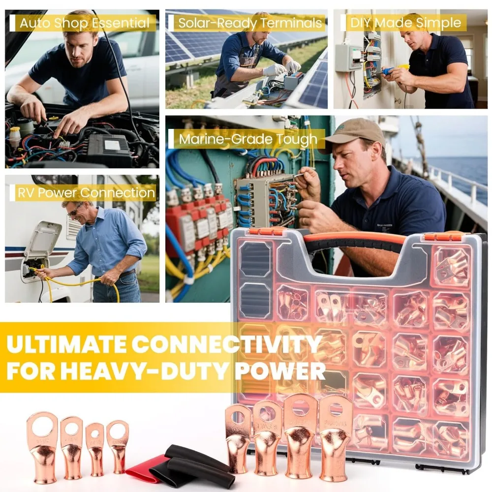 Комплект наконечников для аккумуляторного кабеля, 264 шт., с прочными наконечниками из медного провода и термоусадочной трубкой для надежных соединений