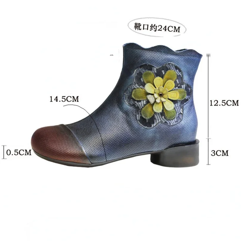 3cm Fashion Ankle Boots Appliques Flower Cow Genuine Leather Designer Luxury Flats  Authentic Elegance Women Spring Autumn Shoes