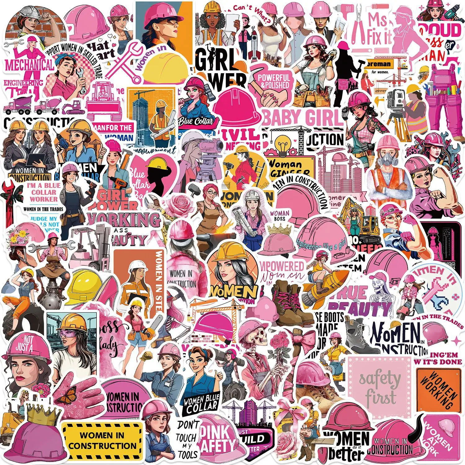 100PCS Cute Pink Cartoon Women's Safety Helmet Stickers DIY Waterproof Phones Laptops Cup Luggage Guitar Notebook Decals Decor