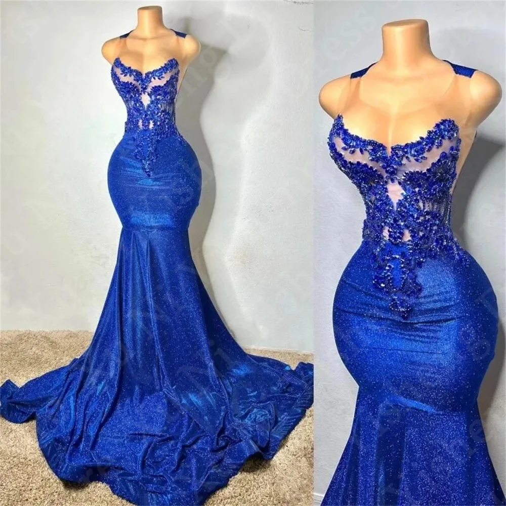 2024 Königsblau Cocktail kleid ärmellose Perlen Applikationen Ballkleid Abendkleid Meerjungfrau Sweep Zug neue Frauen Party kleid