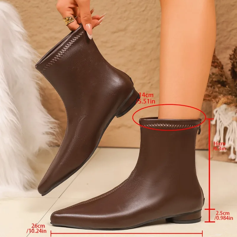 

2025 New Women's Short Boots Fashion Pointed Toe Ankle Boots Women Zippers Flat Shoes High Quality Leather Ladies Chelsea Boots