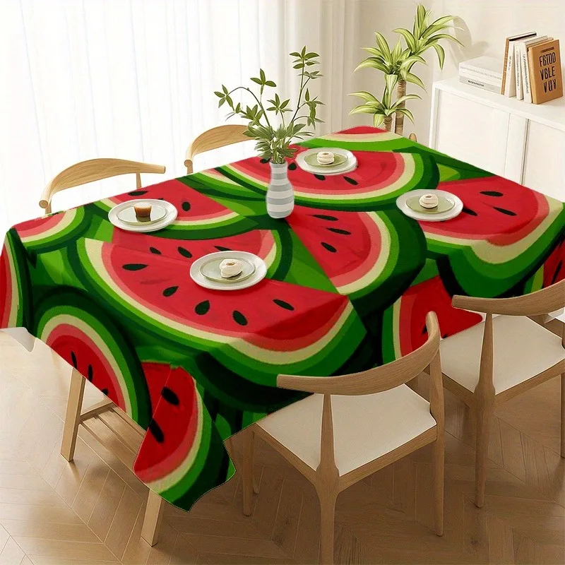 2D Tablecloth, 1pc, Soft, Stylish, and Aesthetically Pleasing. Features 2D Printed Watermelon Slice Pattern with Bright Red Flesh and Green Rind. Cartoon-style Design with a Fresh Summer Theme. Available in Multiple Sizes, Suitable for Home Kitchens