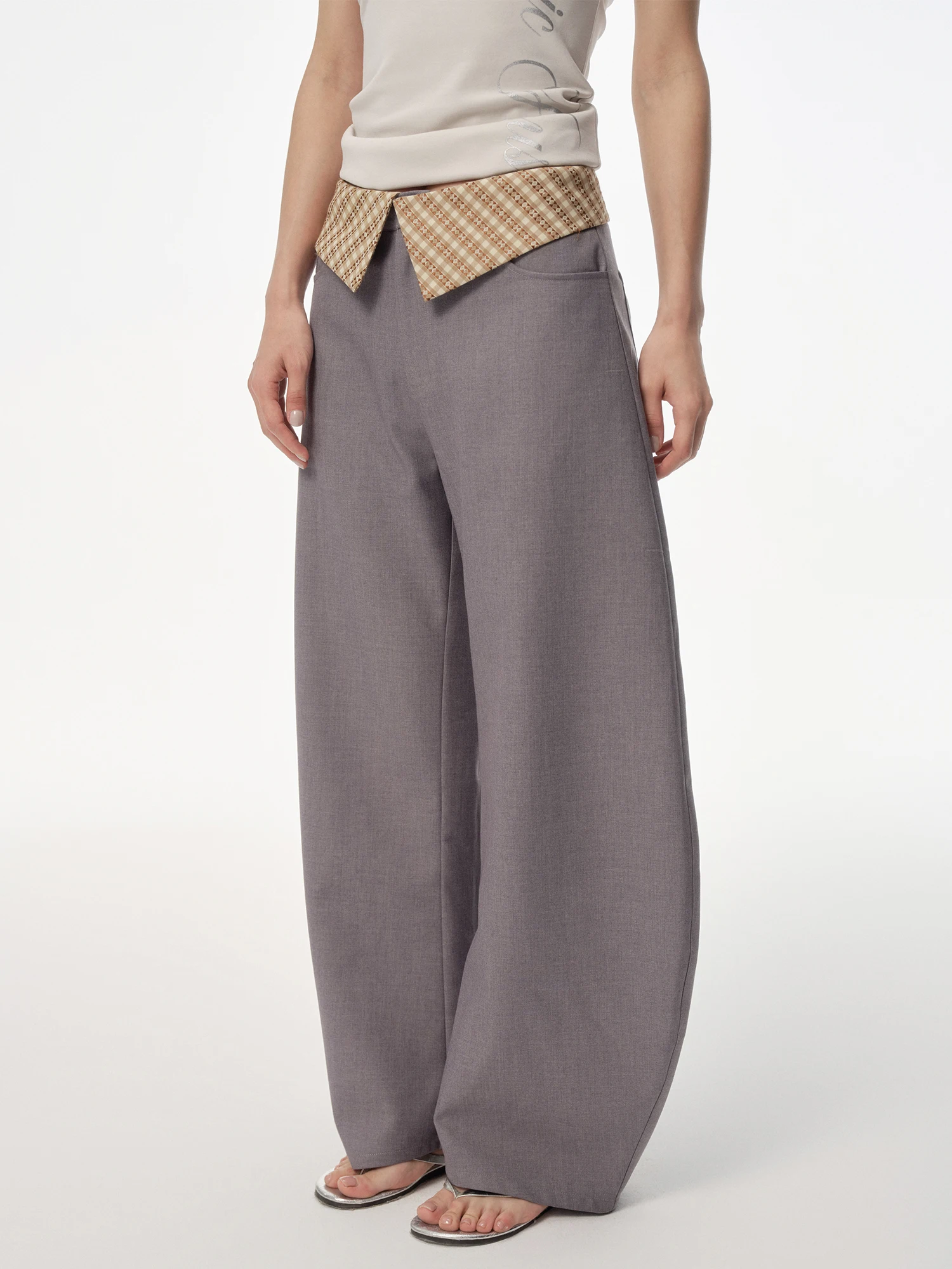 

Sapic House ey Wide Leg Suit Pants Women's Plaid Splicing Design Casual High Waist Cotton Blend Polyester Blend Fiber