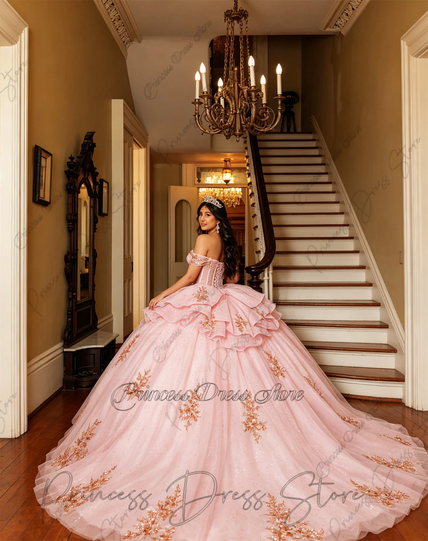 Luxury Shiny Princess Sweet 16 Dress Quinceanera Dresses Crystal Tull Party Birthday Vestidos Applique Flower Beading customized