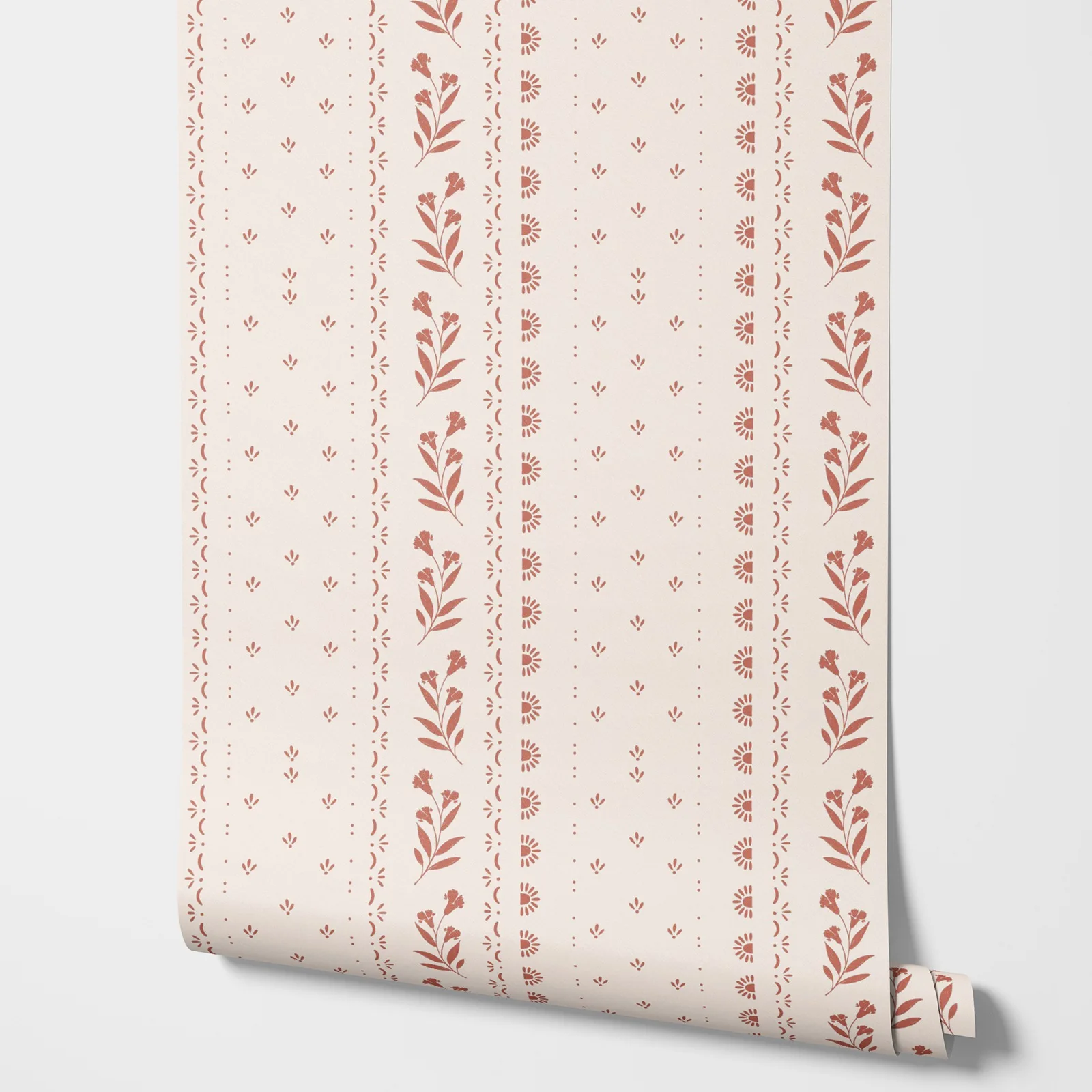 Terracotta Stripe Wallpaper Peel and Stick,Vintage Floral & Botanical Wall Mural,French Country Decor,Self-adhesive /Traditional