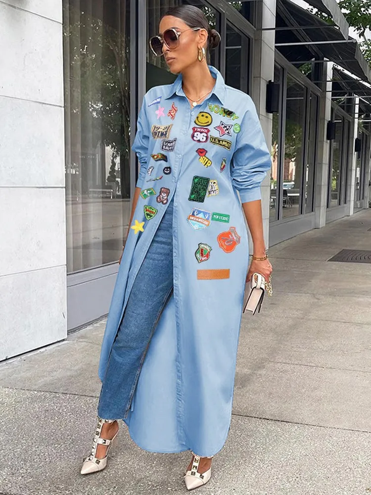 Hip Hop Women Pattern Patchwork Long Shirt Spring Summer Turn Down Collar Long Sleeve Single Breated Maxi Sunscreen Blouse Ins