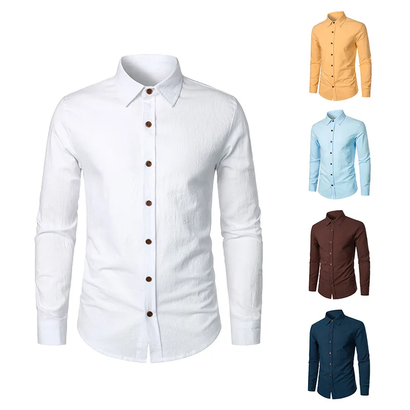 Frühling/Sommer New Middle Ages Herren Langarmhemd Vintage Baumwolle und Hanf Crêpe einfarbiges Polos hirt