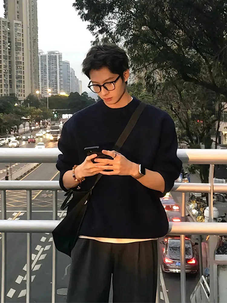 

Cleanfit Men's Bla Knitted Sweater Winter Korean Sle Lazy High-End Warm Heavy Inner irt Base Layer Casual Loose Fit