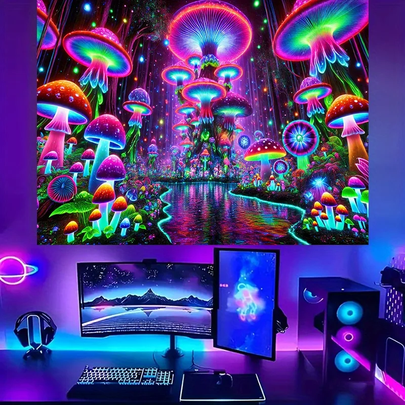 VIKAMA Glowing Mushroom Forest Tapestry Neon Rainbow Fungus Wall Hanging Trippy Fantasy Backdrop Gaming Room Decor