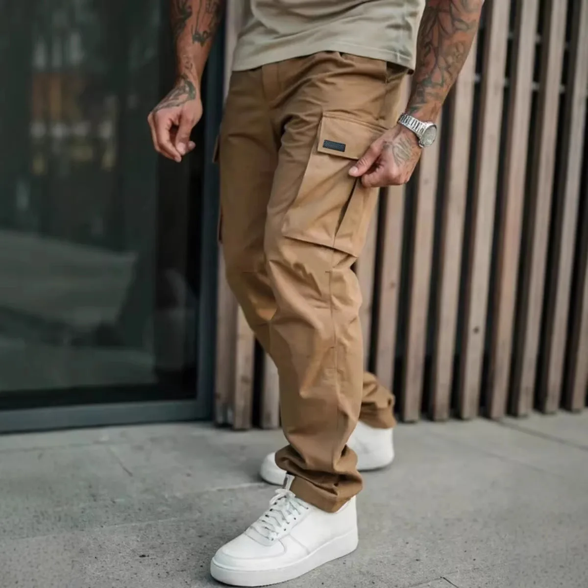 2026 New Men's Overalls Four-season Tied Feet Casual Big Pocket Loose Straight Pants