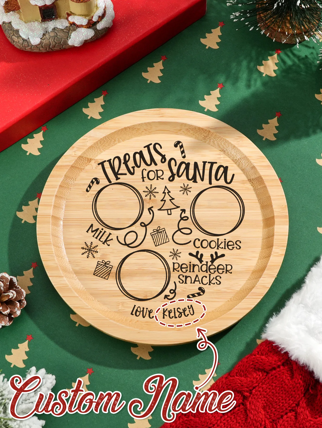 1pc Custom Name Christmas Wooden Cheese Board Personalized Round Charcuterie Tray with Name 20x20cm Engraved Serving Plate