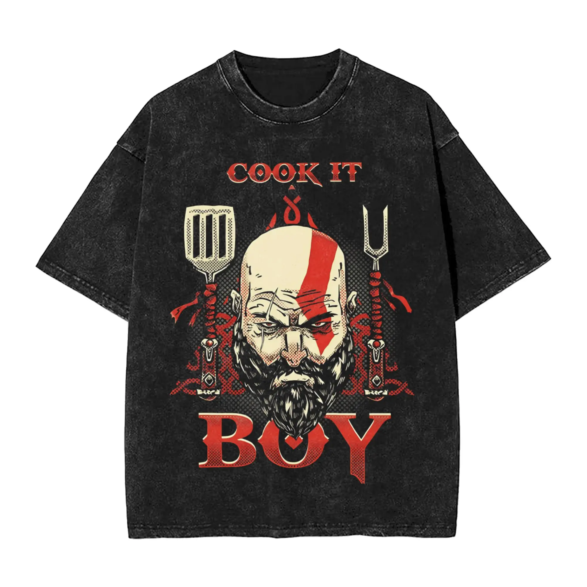 Kratos Lord God of War God 0f Cooking  Washed T Shirts Streetwear Hip Hop Fashion T-Shirt  Tee Shirt for Men Women Short Sleeve