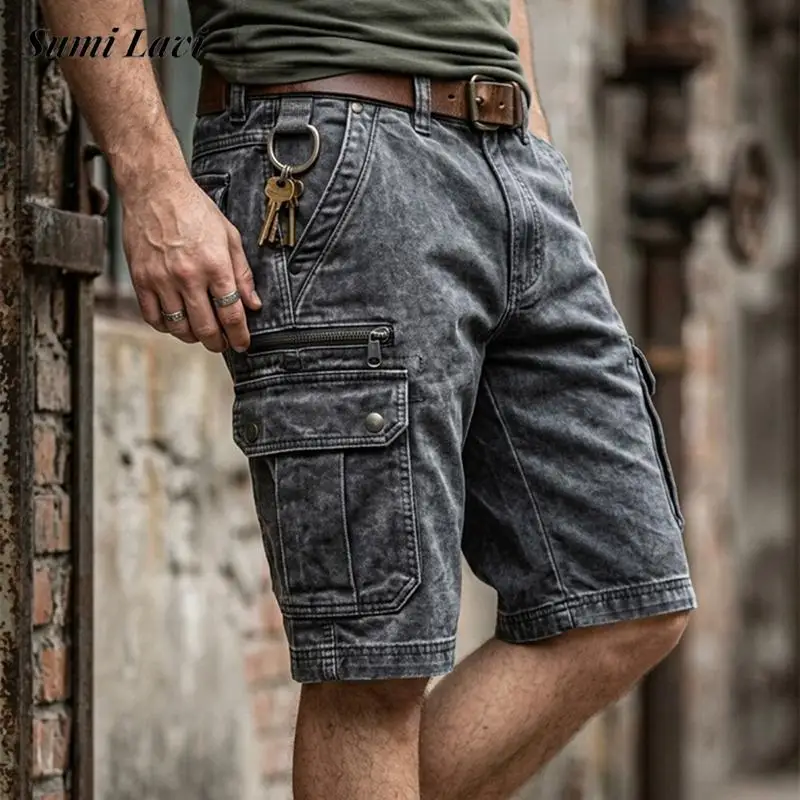 

Повседневные однотонные шорты-карго с эффектом потертости для мужчин, летние стильные свободные прямые шорты с множеством карманов, винтажные мужские шорты до колена