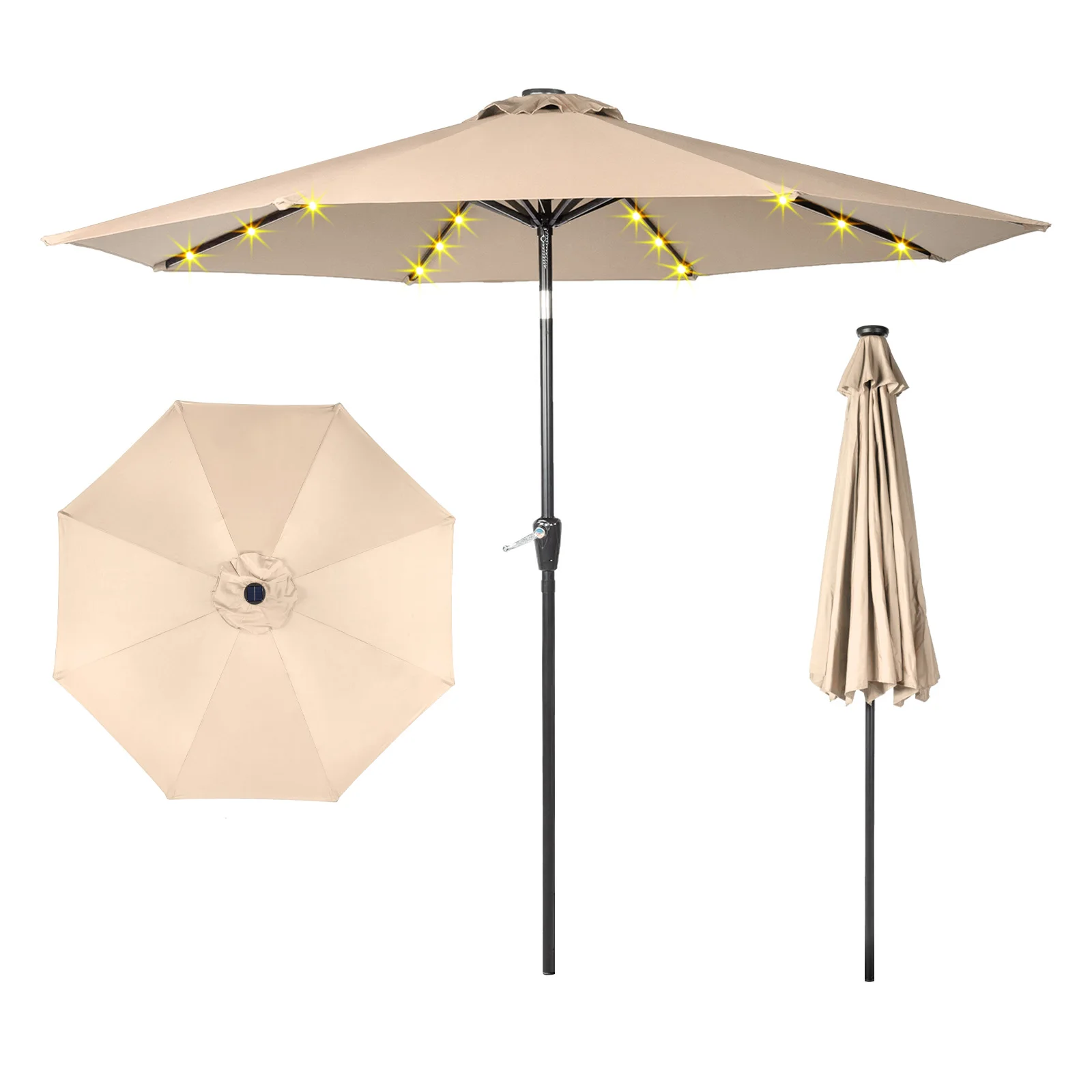 9FT Umbrella Waterproof Folding Sunshade Beige With Light( Not Included Umbrella Base)