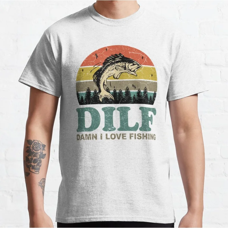 DILF Damn I Love Fishing Retro Vintage Sunset Funny Fishing Gift fishing humor Graphic T Shirts for fisherman large size