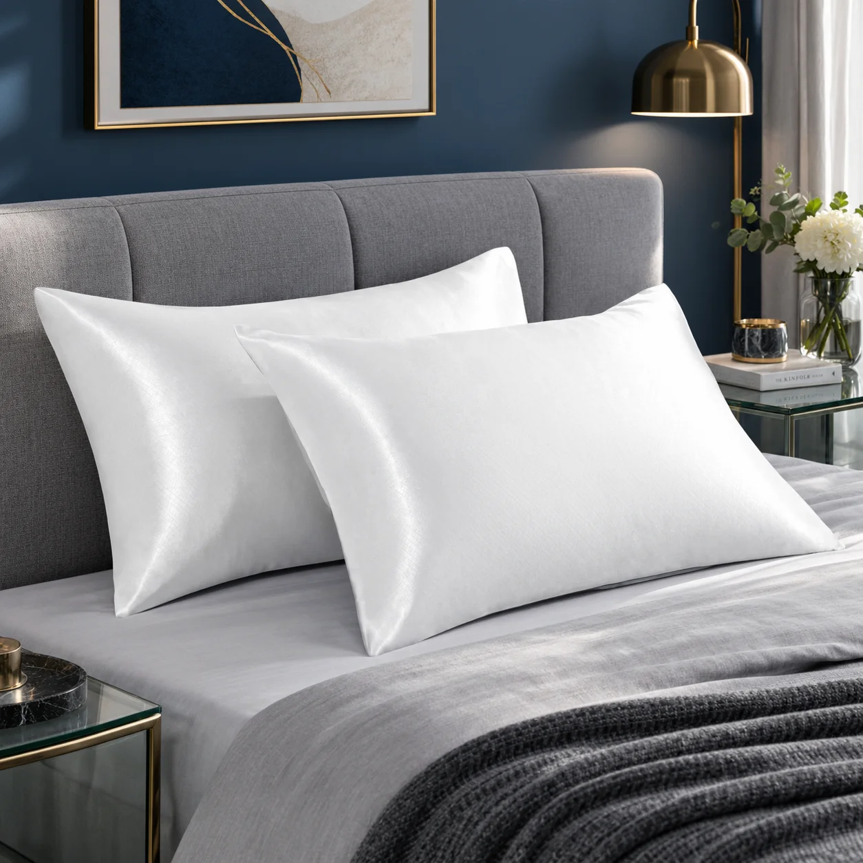 Two Glossy Satin Pillowcases, Luxurious and Silky Pillow Cases with Envelope Closure for Hair and Skin