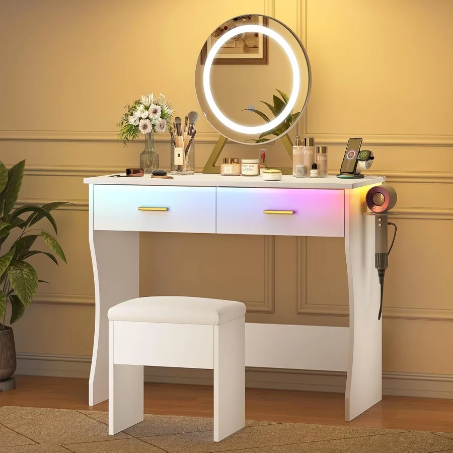 Small Makeup Vanity Desk with Mirror and Lights, White Vanity Table with Chair Set, 2 Storage Drawers, RGB Ambient Light, Power