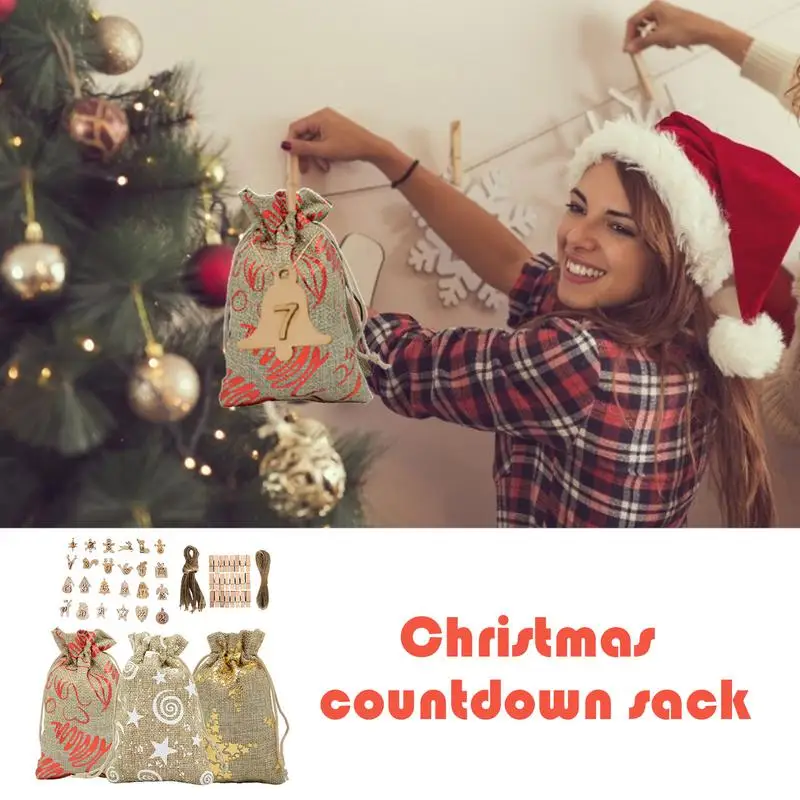 Christmas 24 Days Burlap Countdown Calendar Bags Xmas Drawstring Bags Countdown Calendar With Wooden Tags Navidad Gifts For Kids