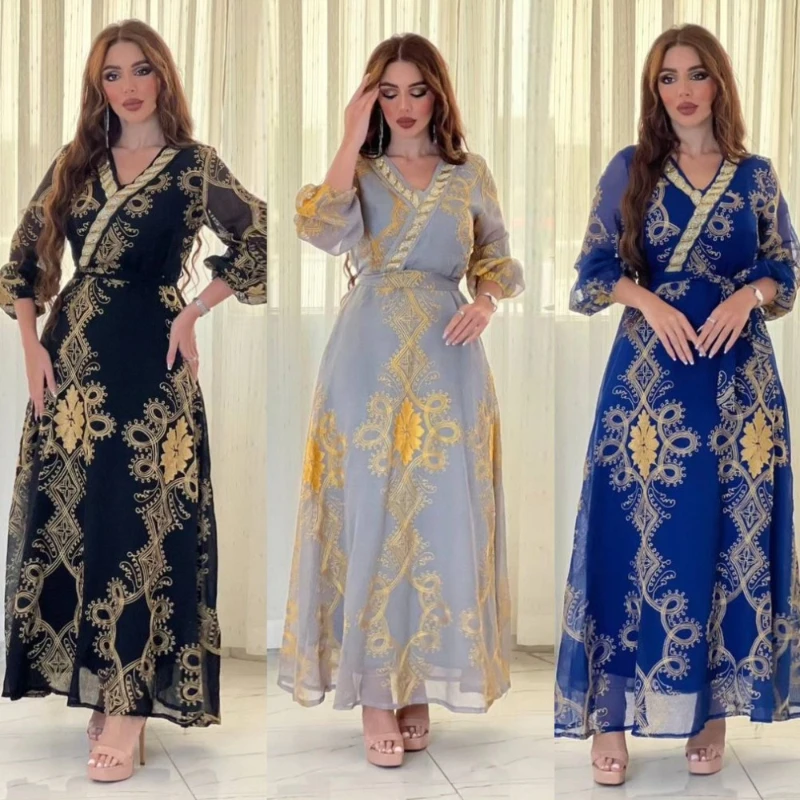 Caftan Eid Elegant Muslim Women Dress Light Luxury Hot Rolled Diamond Mesh Embroidery Robe Femme Musulmane Fashion Style Dress