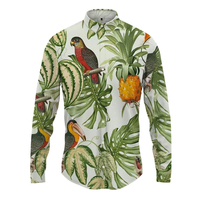 Newest Hawaii Shirt Men Leafage Plant 3d Print Long Shirt Casual Long Sleeve Button Lapel Men\'s Clothes Green Shirt For Men Tops