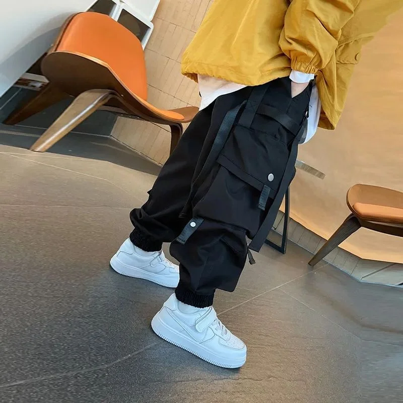 Boy Casual Overalls Pants Teenager Straight Trousers 2024 New Kids Hip Hop Joggers Pants Children Vintage Streetwear Sweatpants