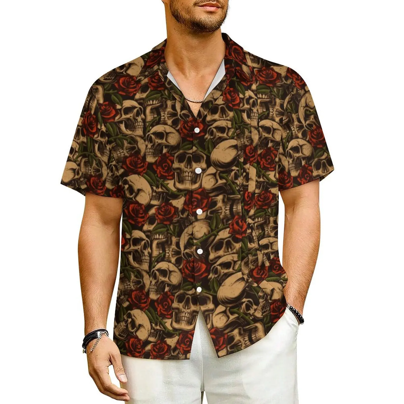 Hawaiian Shirt Beach Skeleton Music Blouses Red Flower Print Vintage Casual Shirts Men Short-Sleeve Street Style Oversized Top