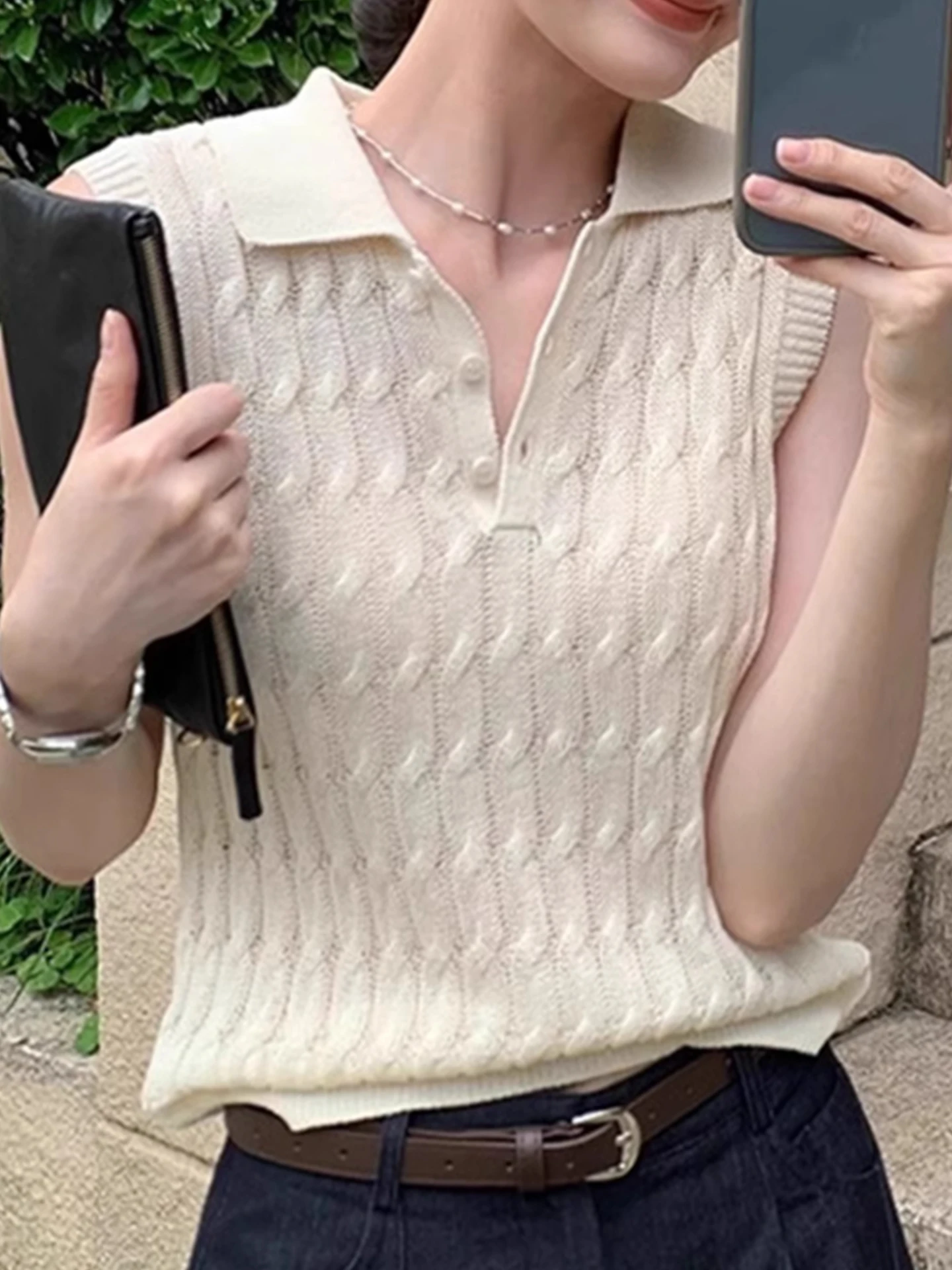 스타일리시한 단색 조끼, 루즈핏 민소매 니트 스웨터, 고급스러운 오버헤드 디자인, 출퇴근 패션, 한국 스타일, 레귤러 핏