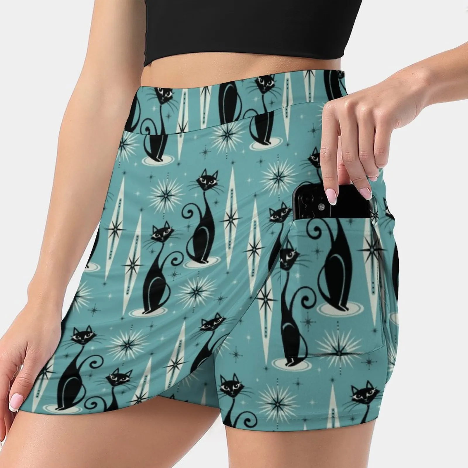 Mitte Des Jahrhunderts Meow Auf Blau frauen rock Y2K Sommer Kleidung 2022 Kpop Stil Hosen Rock Mit Tasche Schwarz Grau blau Sterne 1950