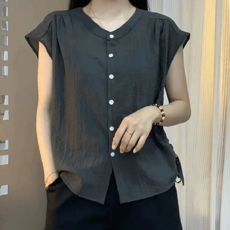 Camicia casual con lacci tinta unita con o-collo alla moda 2025 Estate nuove top coreani camicetta da pendolarismo ampia