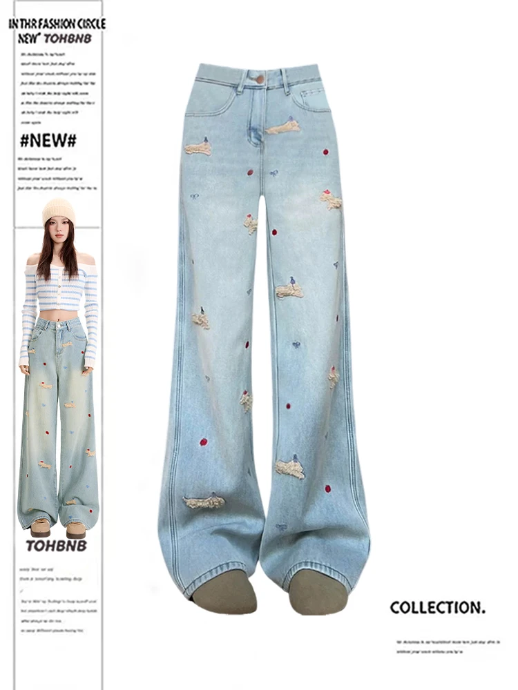 

Свободные широкие джинсы, женские голубые брюки с высокой талией и вышивкой собаки, весна 2025, новинка 202, драпировка, удобная посадка