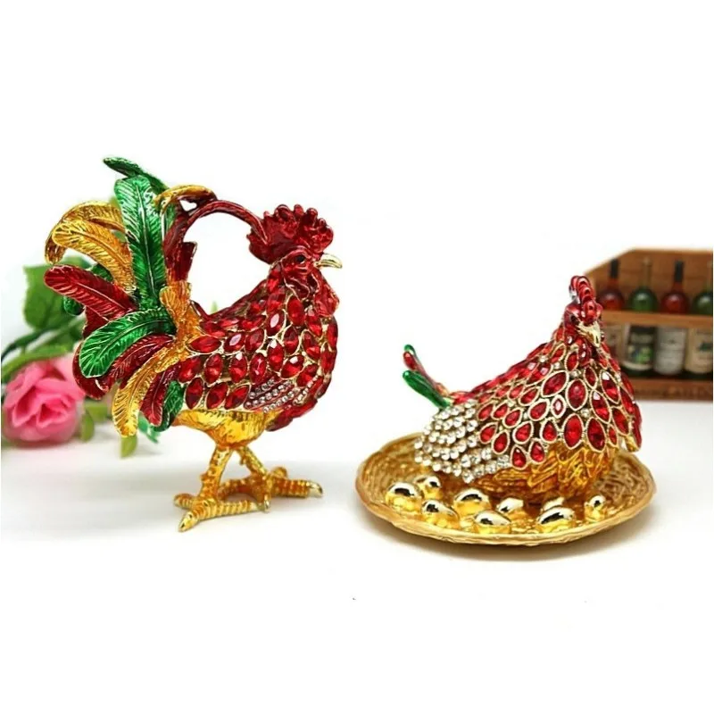 SHINNYGIFTS New Year Gifts Metal Enamel Rooster and Hens Trinket Box Home Decorative Gift Box