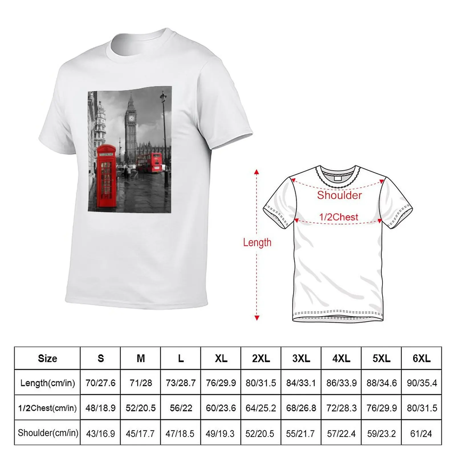 London England city black and white photo of Big Ben with red phone booth and red double decker bus T-Shirt