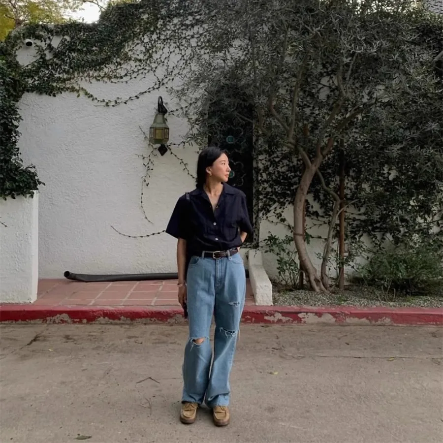 

Summer 2025 Women's Loose Fit Tailored irt ort Sve mat Retro Urban Sle k Texture Casual Busin Faion