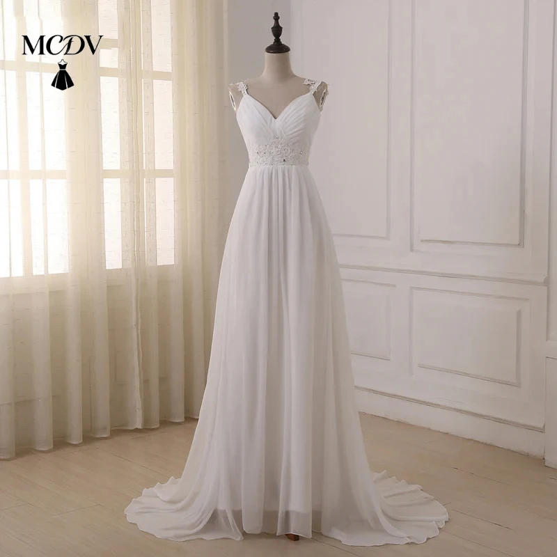 MCDV Beach Wedding Dress for Women Custom Plus Size Spaghetti Straps Beading Chiffon Bridal Gowns