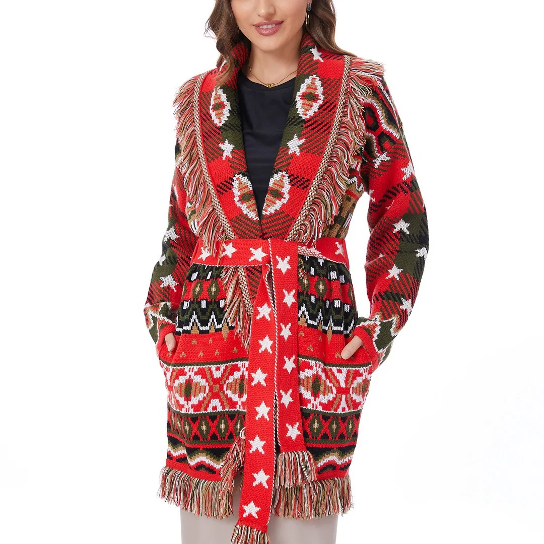 

Christmas Bohemian Jacquard Thicken Knitted Cardigan Loose Plus-Size Women's Clothing Mid-length Tassel Sweater Jacket Trend