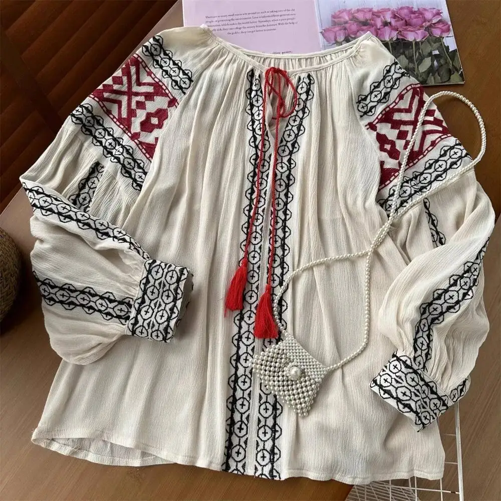 Babyoung casual o pescoço lanterna manga pesada colheita topo all-match vintage rendas até camisa bordado solto nova moda fresco blusas