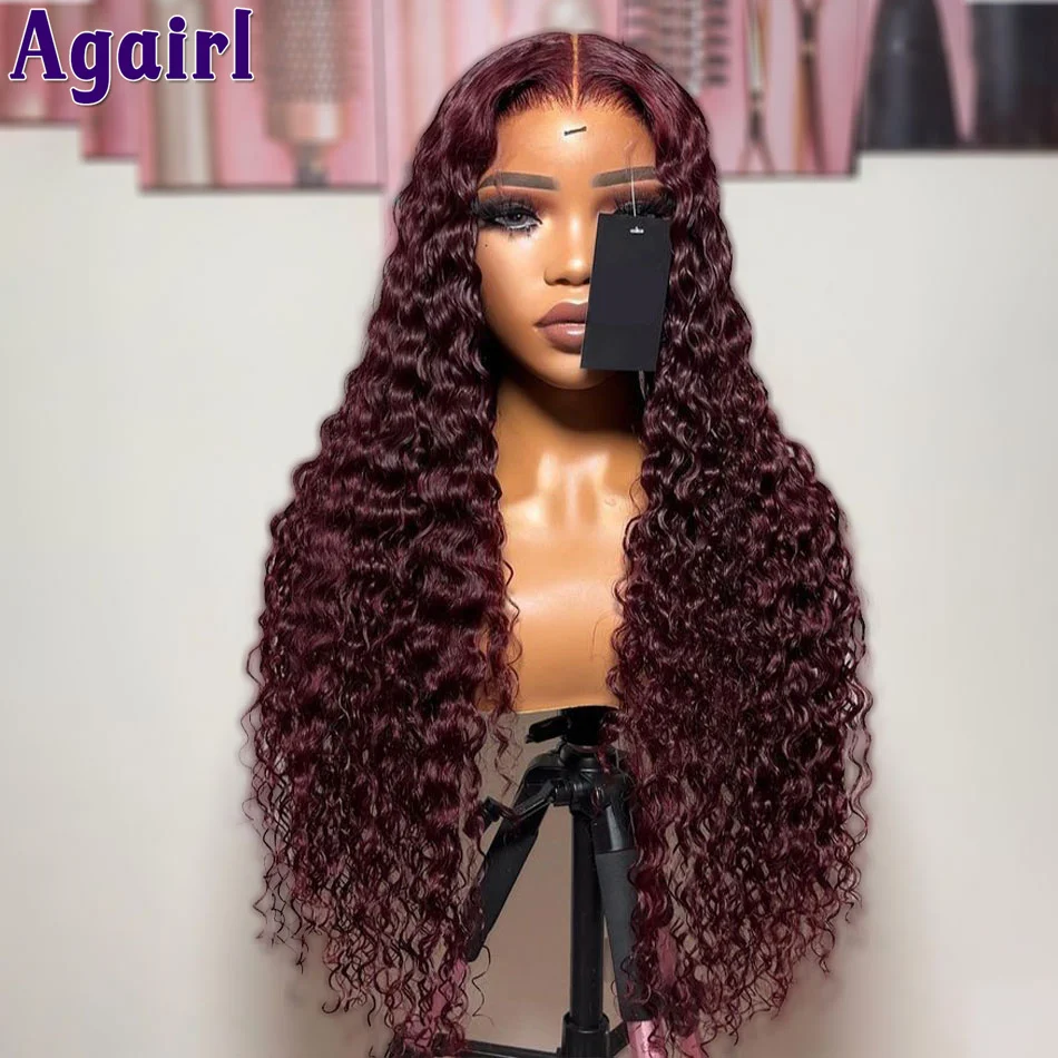 Gelap 99J Burgundy 13x6 renda Frontal rambut palsu manusia keriting renda transparan 13x4 gelombang air Wig depan Brasil 4X6 siap Go Wig