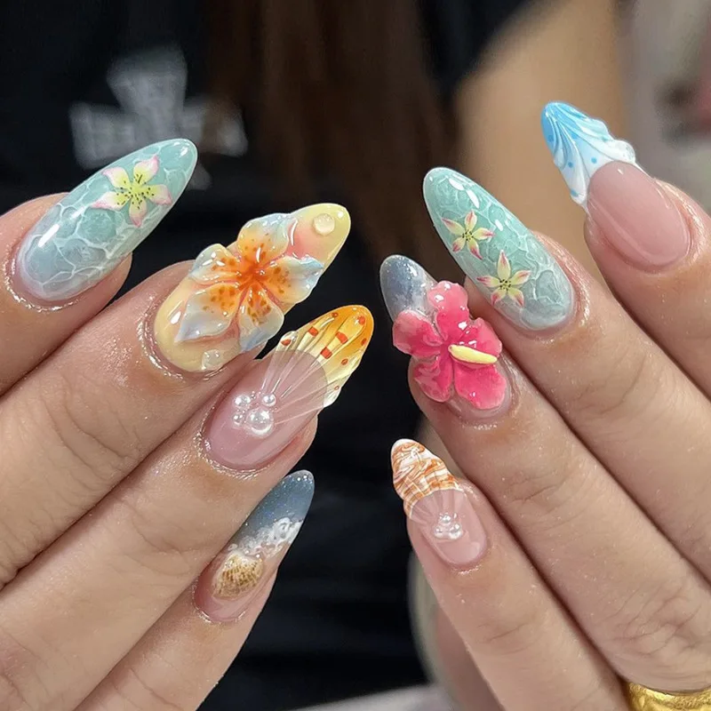 24 piezas de uñas postizas estilo verano en forma de almendra francesa con estampado de estrellas de mar y flores, desmontables, cubierta completa, para mujer 4