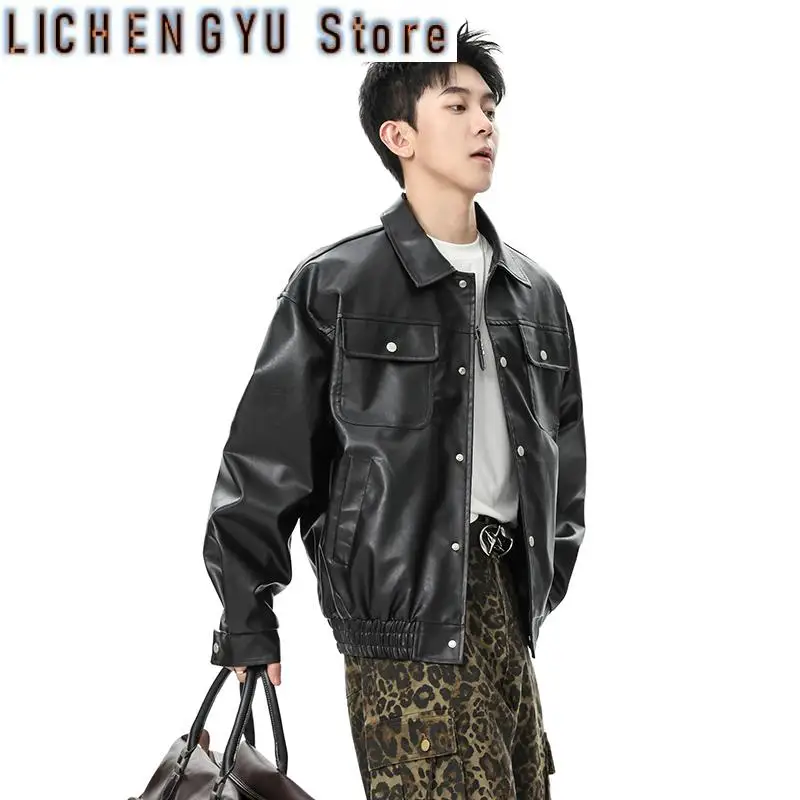 American High Street Cool Retro Autumn Turn-Down Collar PU Leather Men's Jackets 2025 Korea Fashion Solid Color Pocket Male Tops
