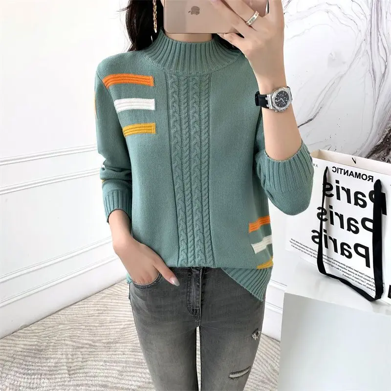 Autumn and Winter Women\'s Half High Collar Long Sleeve Screw Thread Loose Sweaters Jumpers Fashion Casual Office Lady Tops