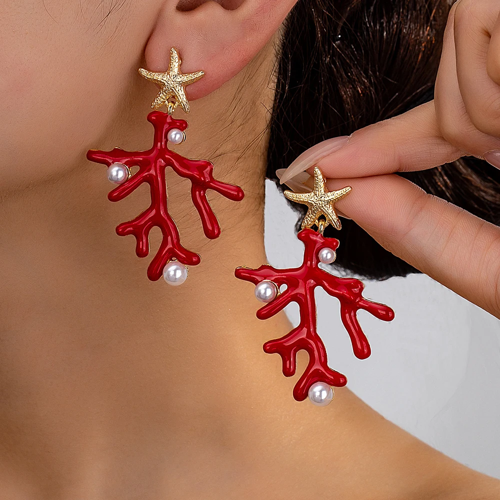 Fashion Red Coral Earring Exquisite Metal Coral Shaped Earrings Ocean Style Pearl Starfish Jewelry Women Party Jewelry for Gift