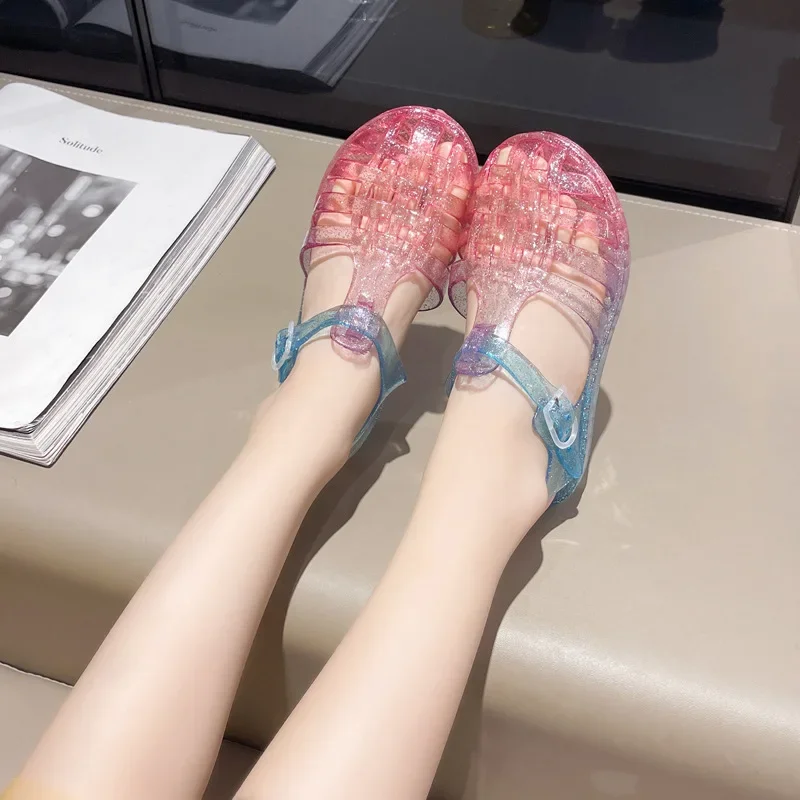 Fashion Children Transparent Color Gradient Sandals Kids Soft Flat Bottom Buckle Anti Slip Waterproof Outdoor Hollow Out Weaving