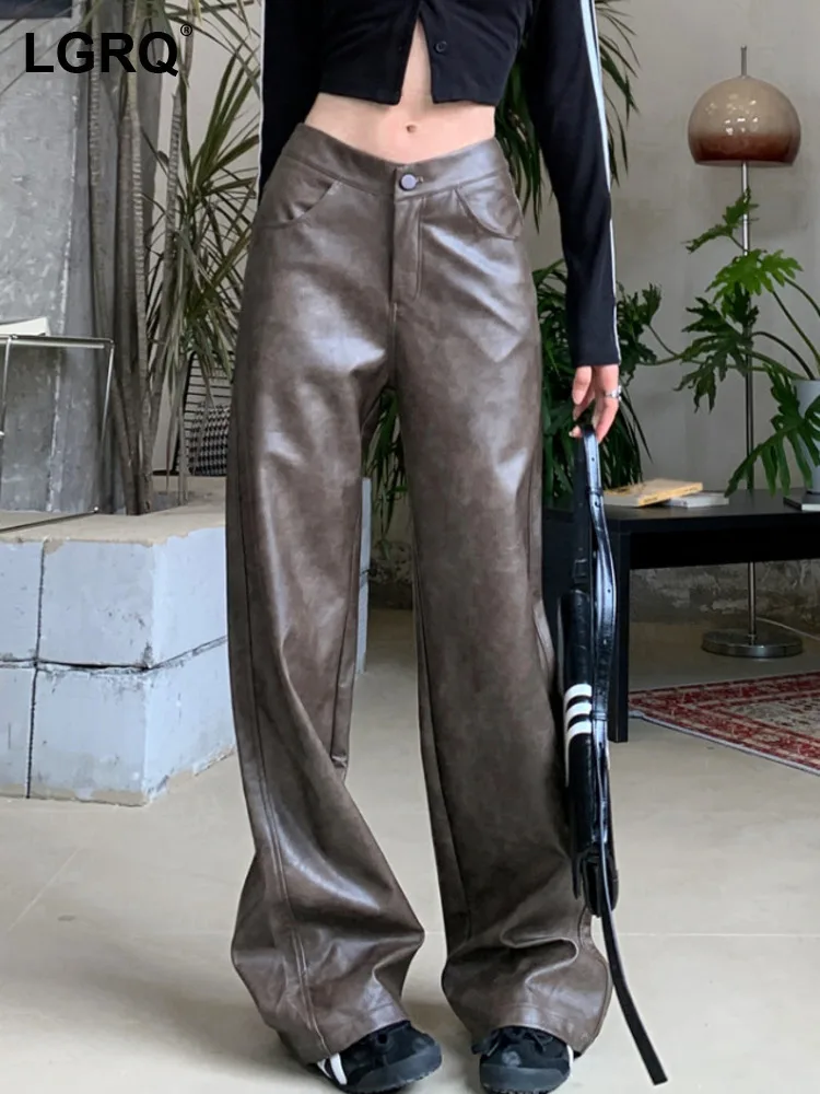 LGRQ 2025 new spring and autumn fashion women clothes PU leather full length pants female trousers WQ1016404L