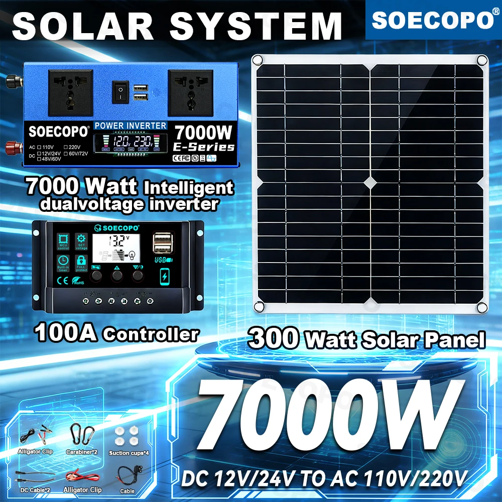 

SOECOPO 7000W Peak Solar System Power Kit 12V/24V To 110V 220V Dual Voltage Inverter 100A Controller 300W Panel for Home/Camping