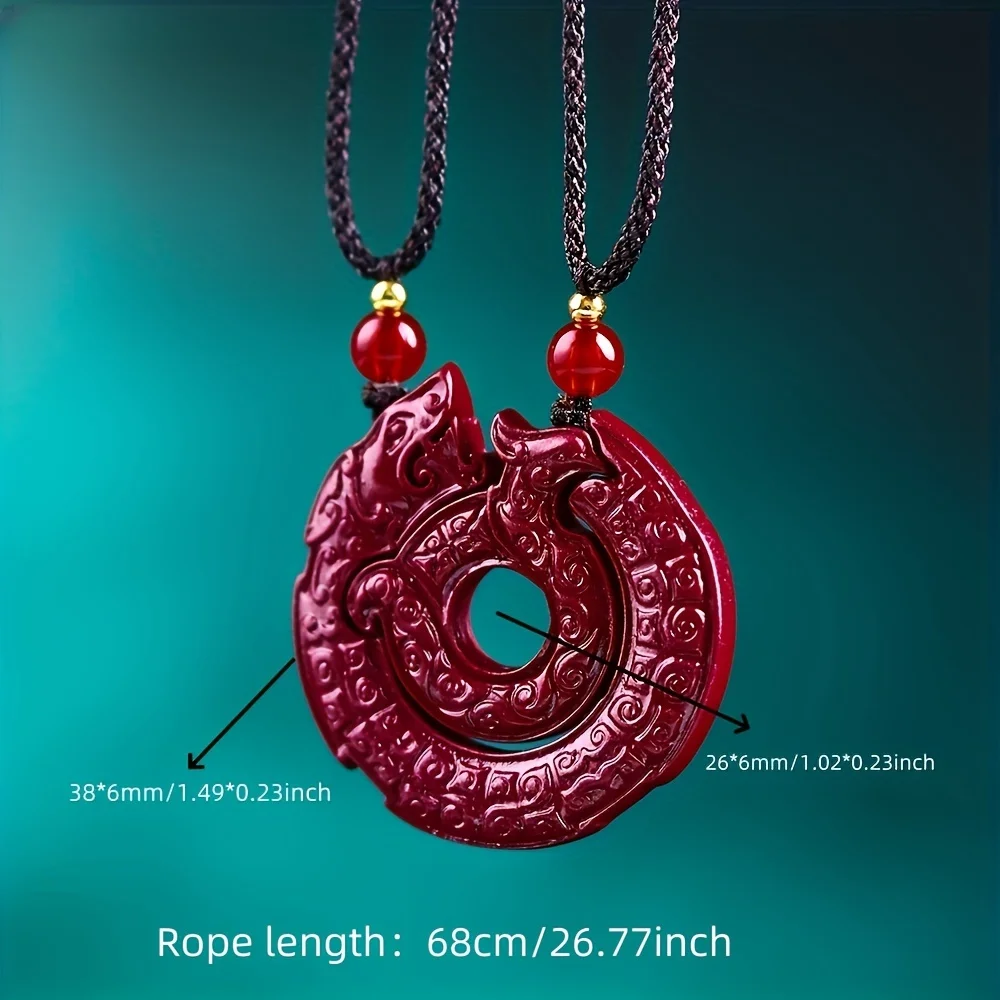 2pcs/set Exquisite Natural Cinnabar Dragon Phoenix Pingan Buckle Necklace Pendant Fashion Jewelry Men Women Luck Holiday Gift