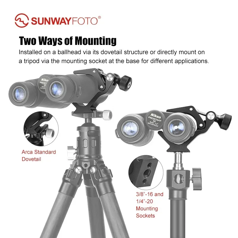 SUNWAYFOTO Binocular Clamp with 26-64mm Diameter Range, 1/4”-20 & 3/8”-16 Mounting Sockets
